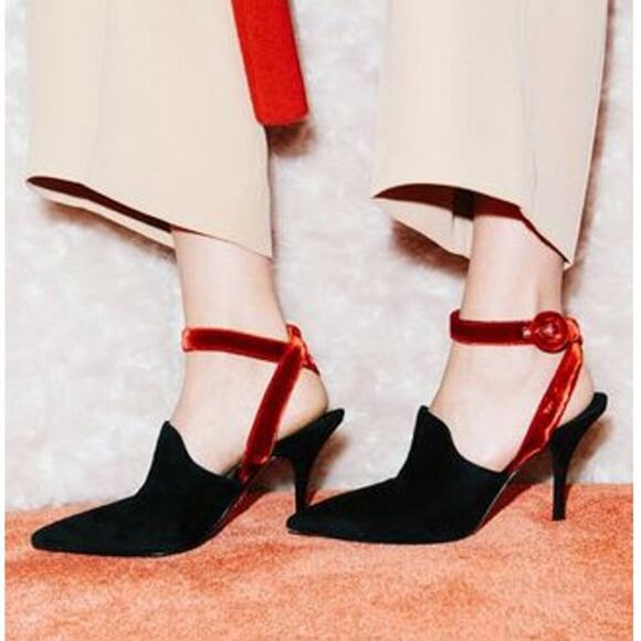 Prada Black Suede Red Velvet Ankle Strap Open Back Pointed Toe Pump IT 38.5 - Picture 1 of 12